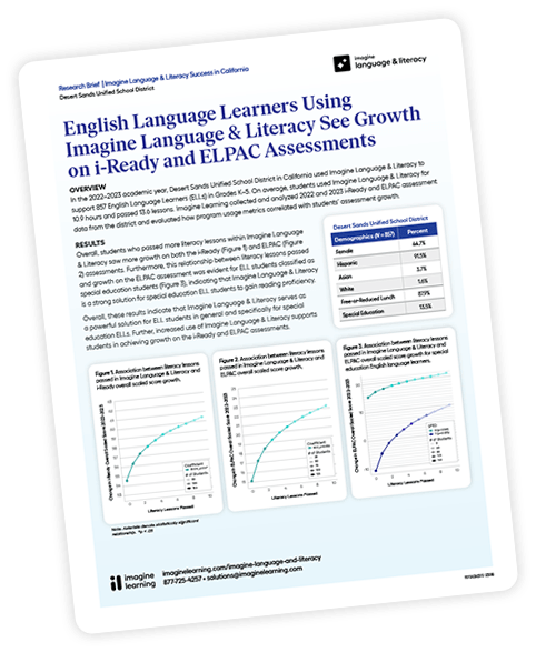 First page of "English Language Learners Using Imagine Language & Literacy See Growth" research brief.